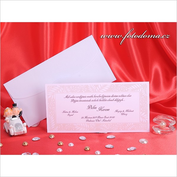 Obdélníkové bílé svatební oznámení s perleťovým rámečkem