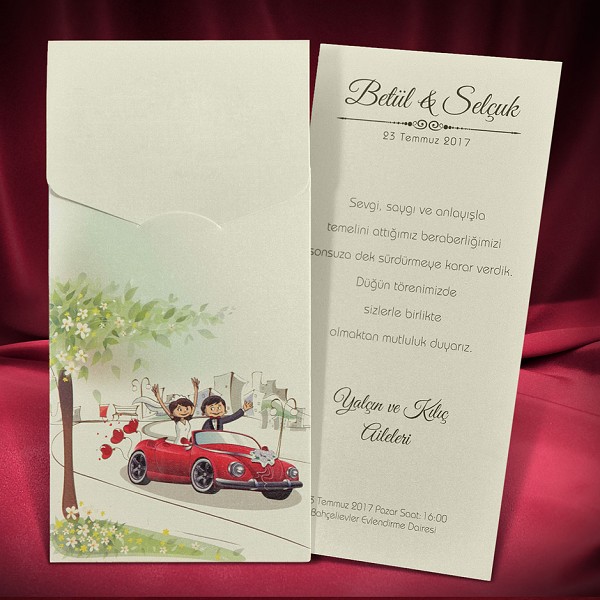 Dvoudílné svatební oznámení s červeným autem